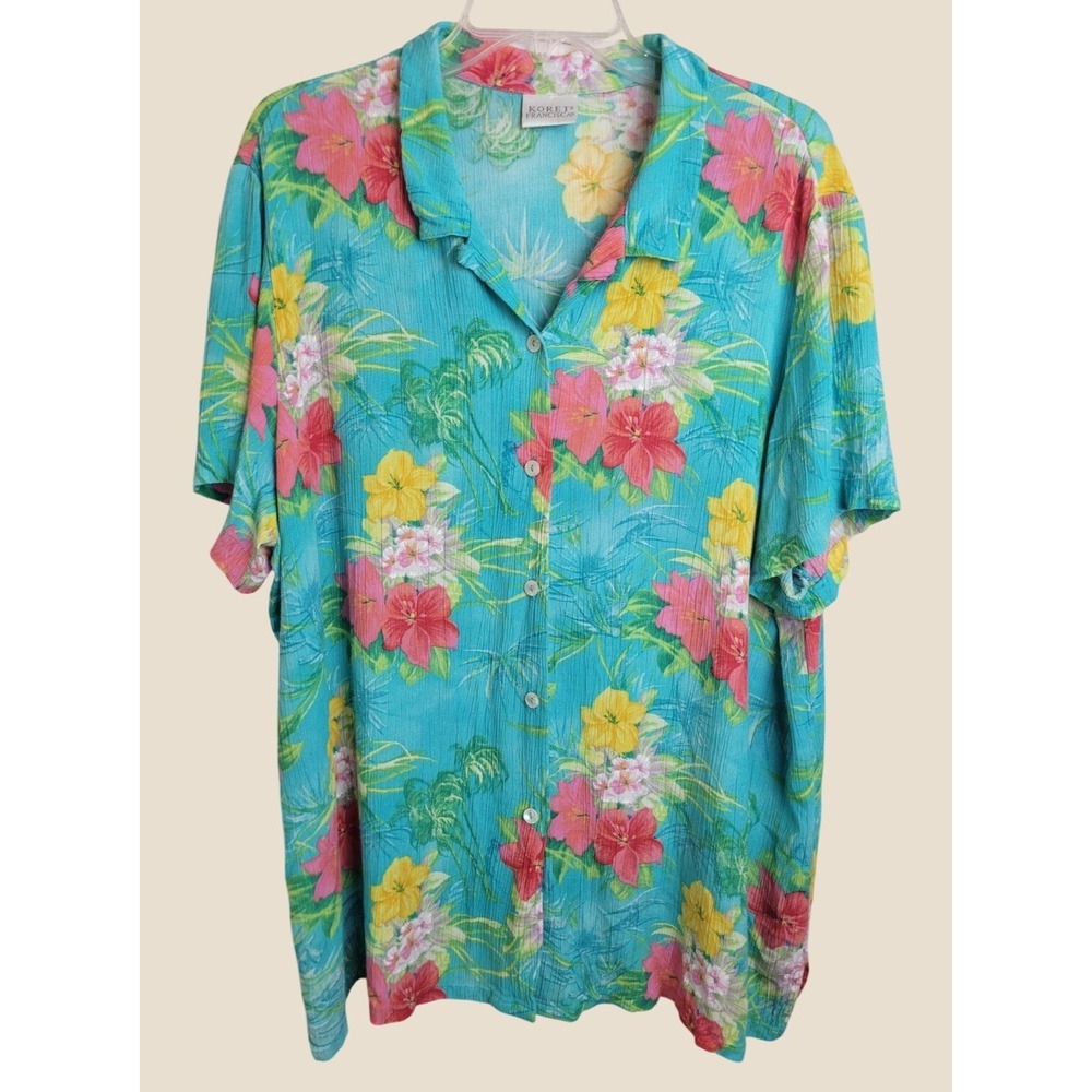 Koret Francisca Blouse Vintage Tropical Floral Hawaiian Textured Top Blue 2XL
